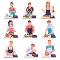 People Characters Cooking at Home Wearing Apron Standing at Table Vector Set Royalty Free Stock Photo