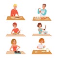 People Characters Cooking and Preparing Food at Home at Kitchen Table Vector Set