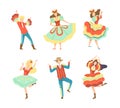 People Characters Dancing at Folk Party Celebrating Traditional Brazil June Festival Vector Set