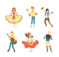 People Characters Dancing at Folk Party Celebrating Traditional Brazil June Festival Vector Set