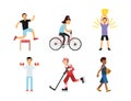 People Characters Doing Different Sport Activity Cycling, Jumping over Barrier, Lifting Dumbbell, Playing Golf and