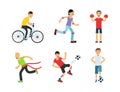 People Characters Doing Different Sport Activity Cycling, Roller Skating, Boxing, Running and Football Playing Vector