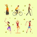 People Characters Doing Sport and Walking in City Park on Green Grass Vector Set Royalty Free Stock Photo