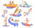 People Characters Doing Water Sport Activity with Blue Wave Vector Set Royalty Free Stock Photo