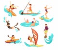 People Characters Doing Water Sport Activity with Turquoise Wave Vector Set Royalty Free Stock Photo