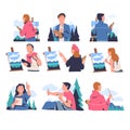 People Characters Drawing Nature Landscape with Easel and Brush on Canvas Vector Set