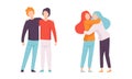 People Characters Embracing Each Other Soothing and Supporting Vector Illustration Set