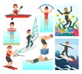 People Characters Enjoying Water Sport Surfboarding, Skiing, Swimming and Diving Big Vector Set Royalty Free Stock Photo