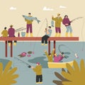 People Characters Fishing with Rod on Lake Sailing Boat Vector Illustration