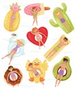 People Characters Floating on Inflatable Rafts or Rubber Swim Tubes of Different Shapes in Swimming Pool Vector