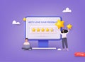 People Characters Giving Five Star Feedback. Vector customer review concepts. Reviews stars with good and bad rate and text. 3D
