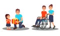 People Characters Giving Gift Box to Orphan and Helping Disabled on Wheelchair Vector Illustration Set Royalty Free Stock Photo