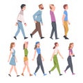 People Characters Going and Walking with Different Gait Side View Vector Illustration Set