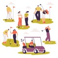 People Characters Golf Playing Training with Golf Clubs on Green Grass Vector Illustration Set Royalty Free Stock Photo