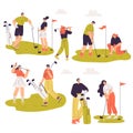 People Characters Golf Playing Training with Golf Clubs on Green Grass Vector Illustration Set Royalty Free Stock Photo