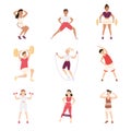 People Characters at Gym Doing Physical Exercise and Workout Vector Illustration Set Royalty Free Stock Photo
