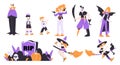 People Characters at Halloween Dressed in Costume Enjoy Night Party Vector Set