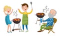 People Characters Having Barbeque Party Grilling Meat Vector Illustration Set