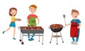 People Characters Having Barbeque Party Grilling Sausages Vector Illustration Set