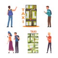 People Characters Hiring Taxi Via Service and Smartphone App Vector Set