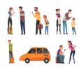 People Characters Hiring Taxi Via Service and Smartphone App Vector Set