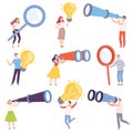 People Characters Holding Big Objects Like Light Bulb and Magnifying Glass Vector Illustration Set Royalty Free Stock Photo