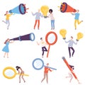 People Characters Holding Big Objects Like Light Bulb and Magnifying Glass Vector Illustration Set