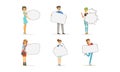 People Characters Holding Empty Speech Bubble Vector Illustration Set