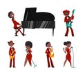 People Characters Jazz Solo Musicians Playing Musical Instrument and Singing with Microphone on Stage Vector Set Royalty Free Stock Photo
