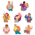 People Characters Listening to Music and Moving with Dancing Motion Vector Illustration Set