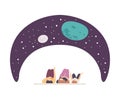 People Characters Lying on Floor and Watching Starry Sky Projection Vector Illustration