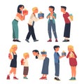 People Characters Meeting with Gift Box Congratulating Each Other Vector Set