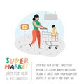 People Characters Mother and Son Shopping in Supermarket with Cart Poster. Flat Cartoon Customers Buying Products Royalty Free Stock Photo