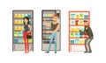People Characters Near Vending Machine in Supermarket Buying Products Vector Illustration Set Royalty Free Stock Photo