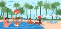 People Characters at Open-air Swimming Pool Playing Ball and Talking Enjoying Beach Resort Vector Illustration Royalty Free Stock Photo