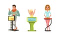 People Characters Participating in Panel Game on Television Standing In Front of Button Stand Answering Questions Vector Royalty Free Stock Photo