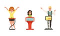 People Characters Participating in Panel Game on Television Standing In Front of Button Stand Answering Questions Vector Royalty Free Stock Photo