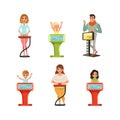 People Characters Participating in Panel Game on Television Standing In Front of Button Stand Answering Questions Vector Royalty Free Stock Photo