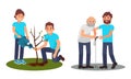 People Characters Planting Seedling and Helping Senior Vector Illustration Set