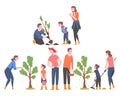 People Characters Planting Tree Sapling Picking Fruits Vector Illustration Set
