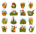 People Characters in Plants and Forest Nature Walking, Sitting on Tree and Hiding in Tall Grass Vector Set Royalty Free Stock Photo