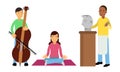 People Characters Playing Cello, Sculpturing and Doing Yoga Vector Illustration Set