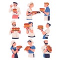 People Characters Producing Bread Pastry Holding Fresh Baked Product Vector Set