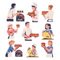 People Characters Producing Bread Pastry Holding Fresh Baked Product Vector Set