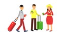 People Characters Pulling Luggage and Holding Tickets Vector Illustration Set