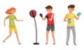 People Characters Reducing Stress by Different Activities like Boxing and Running Vector Illustrations Set