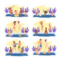 People Characters Relaxing Near Swimming Pool Splashing in Water Enjoying Summer Vector Set Royalty Free Stock Photo