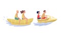 People Characters Riding Water Sled and Motorboat Vector Illustration Set