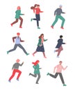People Characters Running and Pushing Forward in a Hurry Vector Illustration Set