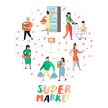 People Characters Shopping in Supermarket with Bags and Carts. Flat Cartoon Customer Buying Products, Cashier, Seller Royalty Free Stock Photo